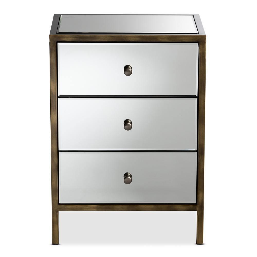 Nouria Modern and Contemporary Hollywood Regency Glamour Style Mirrored Three Drawer Nightstand Bedside Table FredCo