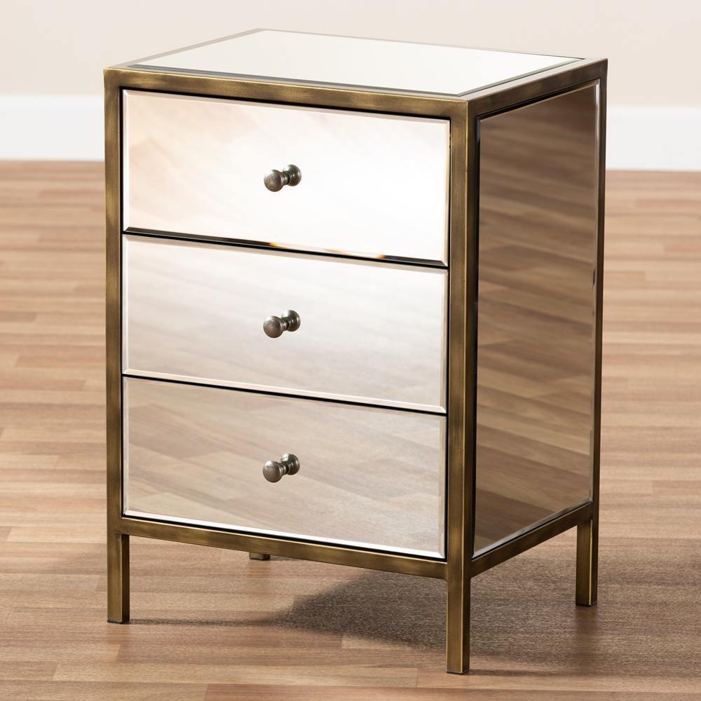 Nouria Modern and Contemporary Hollywood Regency Glamour Style Mirrored Three Drawer Nightstand Bedside Table FredCo