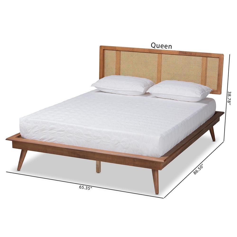 Nura Mid-Century Modern Walnut Brown Finished Wood and Synthetic Rattan Queen Size Platform Bed FredCo