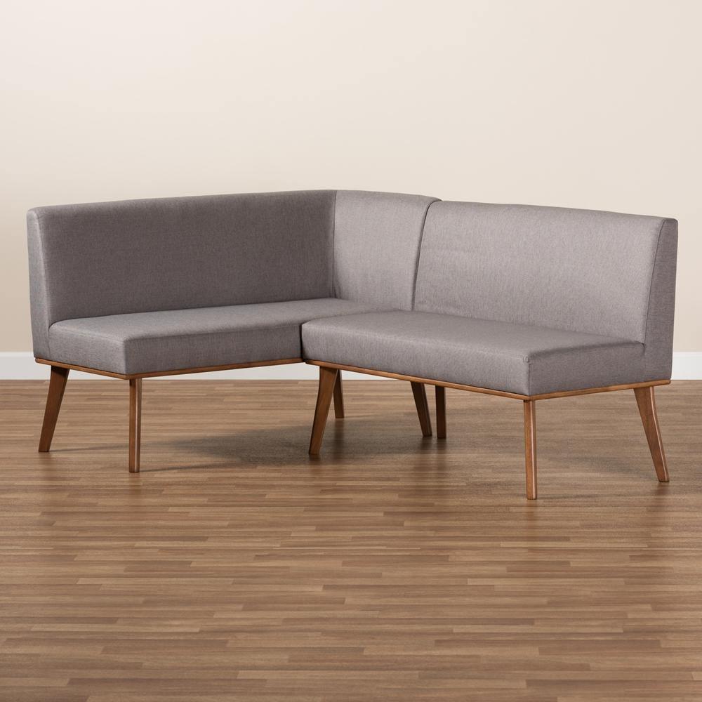Odessa Mid-Century Modern Grey Fabric Upholstered and Walnut Brown Finished 2-Piece Wood Dining Nook Banquette Set FredCo