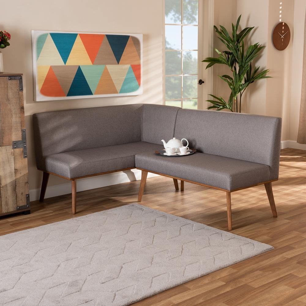 Odessa Mid-Century Modern Grey Fabric Upholstered and Walnut Brown Finished 2-Piece Wood Dining Nook Banquette Set FredCo