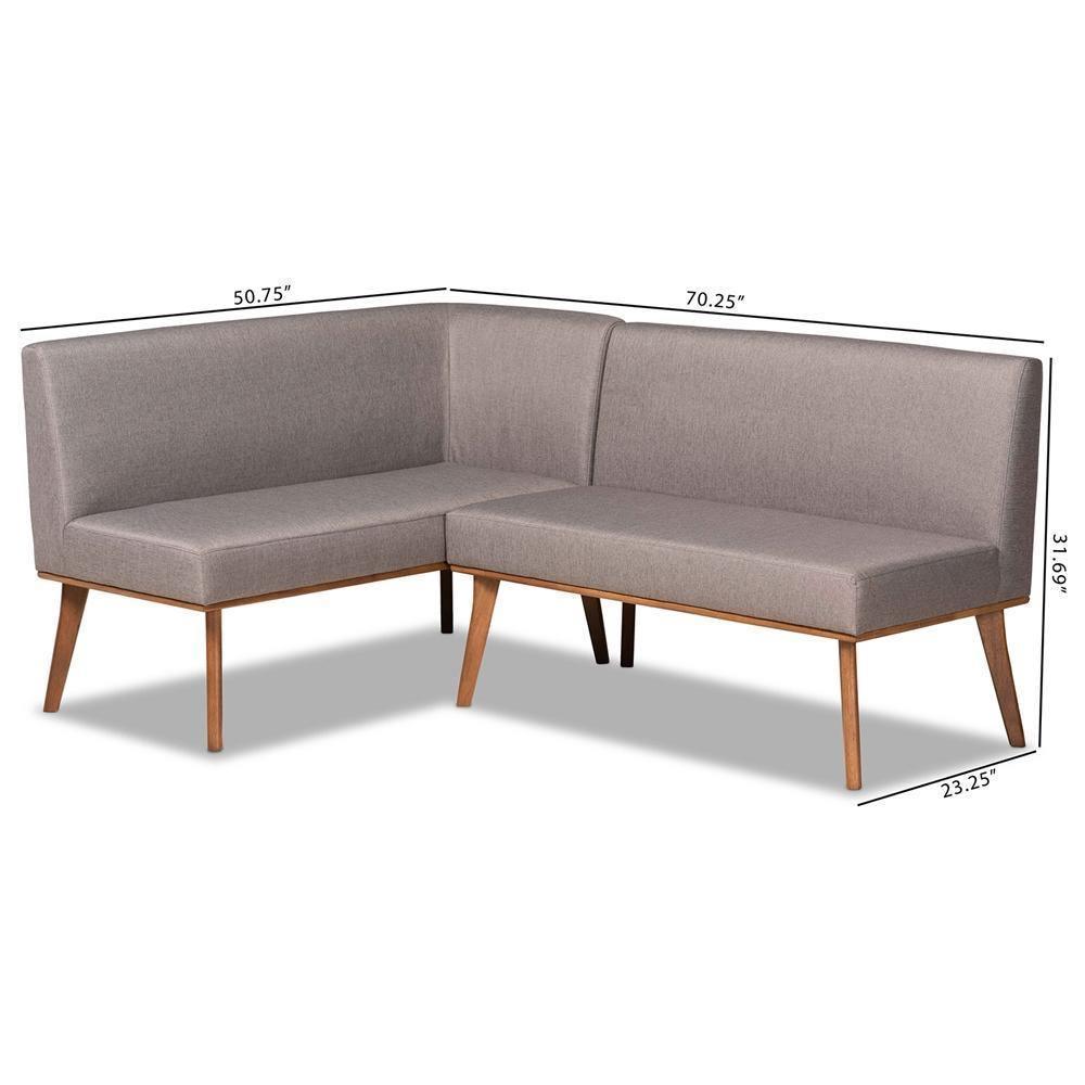 Odessa Mid-Century Modern Grey Fabric Upholstered and Walnut Brown Finished 2-Piece Wood Dining Nook Banquette Set FredCo