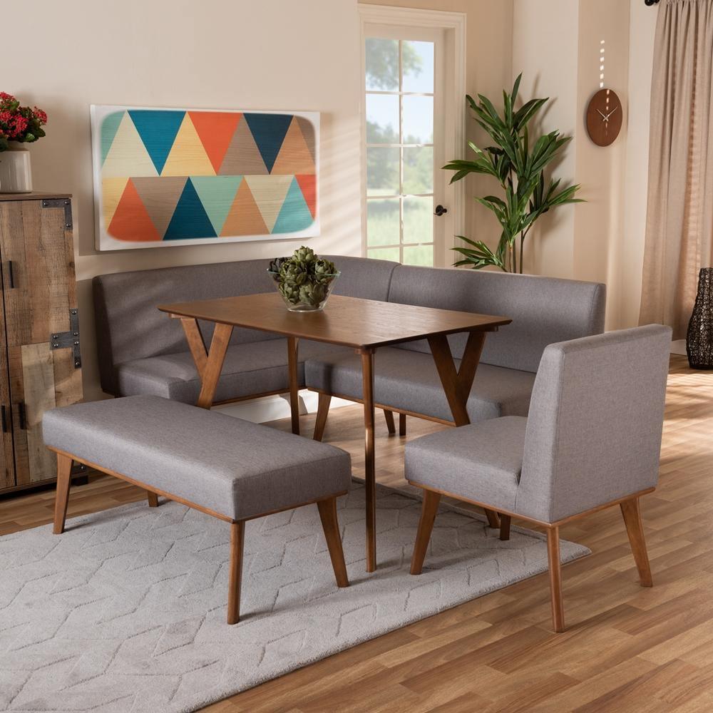 Odessa Mid-Century Modern Grey Fabric Upholstered and Walnut Brown Finished Wood 5-Piece Dining Nook Set FredCo