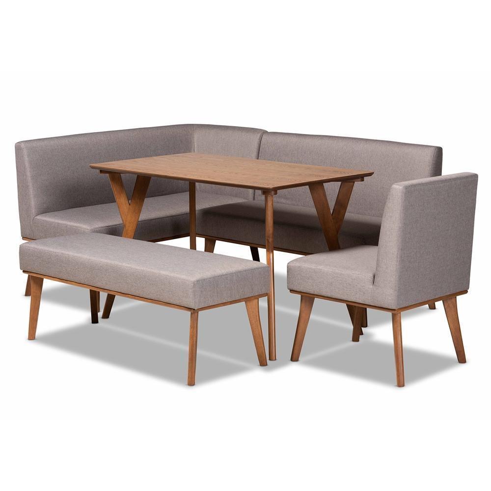 Odessa Mid-Century Modern Grey Fabric Upholstered and Walnut Brown Finished Wood 5-Piece Dining Nook Set FredCo