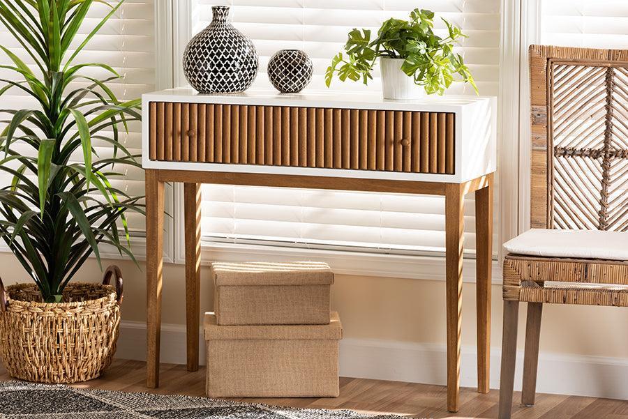 Odile Mid-Century Modern Two-Tone Natural Brown and White Bayur Wood 1-Drawer Console Table FredCo