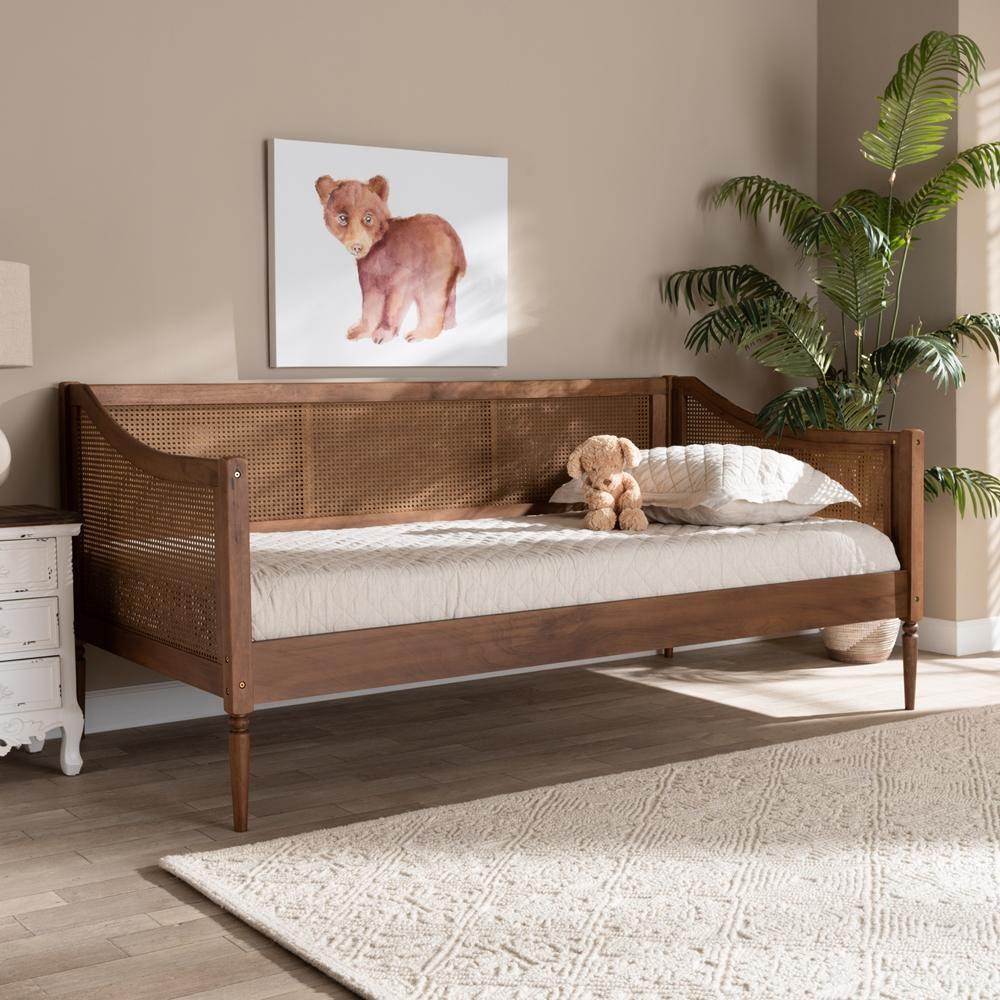 Ogden Mid-Century Modern Walnut Brown Finished Wood and Synthetic Rattan Twin Size Daybed FredCo