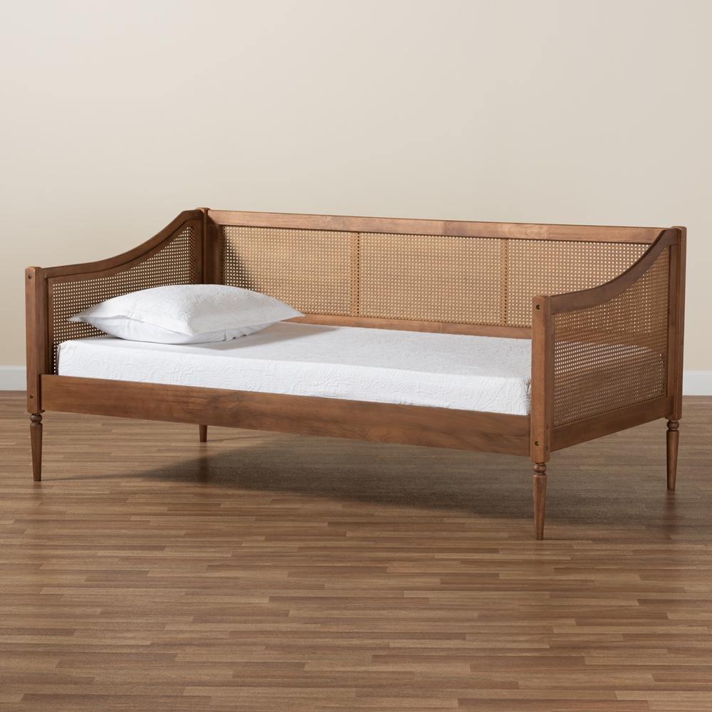 Ogden Mid-Century Modern Walnut Brown Finished Wood and Synthetic Rattan Twin Size Daybed FredCo