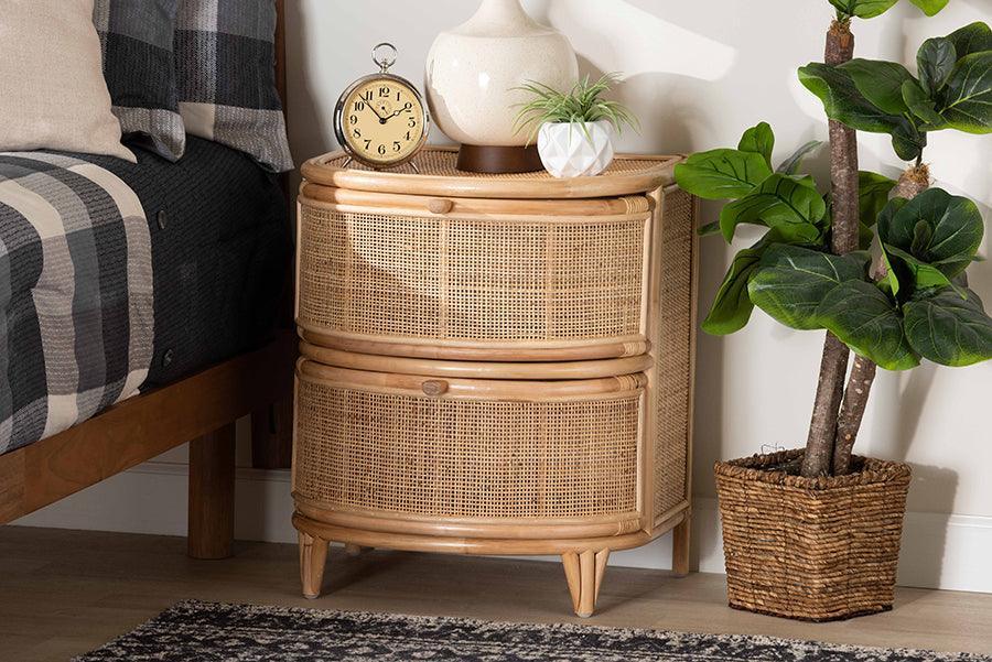 Oleta Modern Bohemian Natural Brown Rattan 2-Drawer Nightstand FredCo