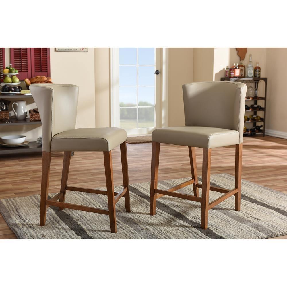 Olivia Mid-century Modern Scandinavian Style Dark Walnut Wood Grey Faux Leather Pub Stool FredCo