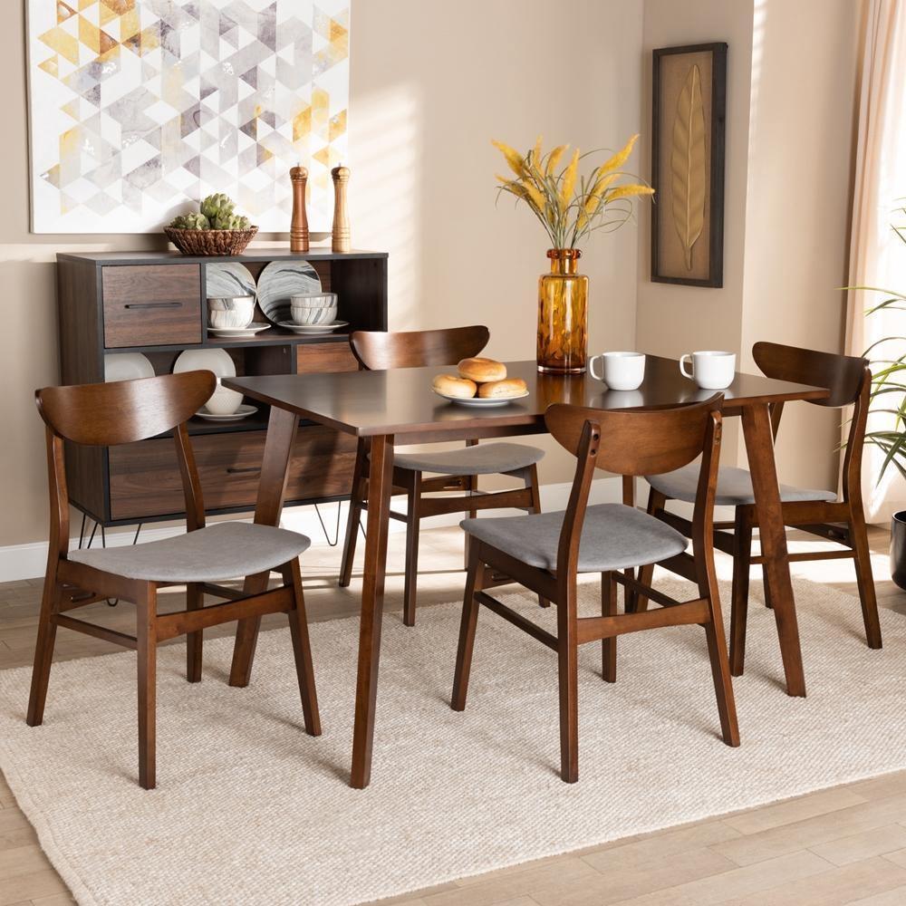 Orion Mid-Century Modern Transitional Light Grey Fabric Upholstered and Walnut Brown Finished Wood 5-Piece Dining Set FredCo