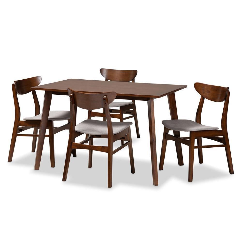 Orion Mid-Century Modern Transitional Light Grey Fabric Upholstered and Walnut Brown Finished Wood 5-Piece Dining Set FredCo