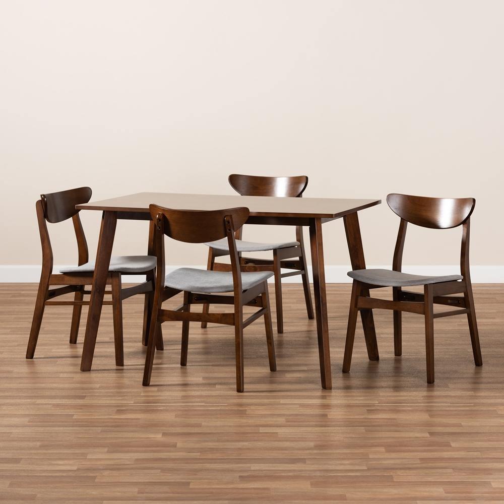 Orion Mid-Century Modern Transitional Light Grey Fabric Upholstered and Walnut Brown Finished Wood 5-Piece Dining Set FredCo