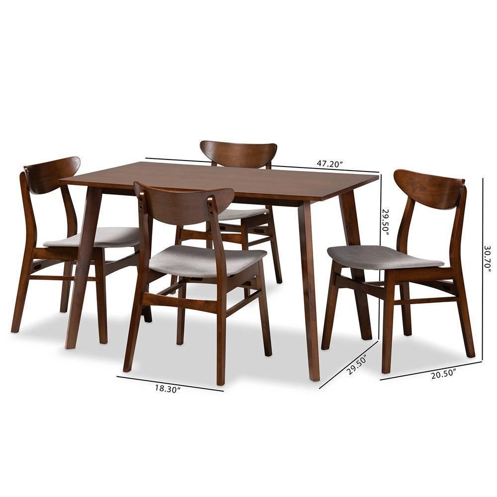 Orion Mid-Century Modern Transitional Light Grey Fabric Upholstered and Walnut Brown Finished Wood 5-Piece Dining Set FredCo