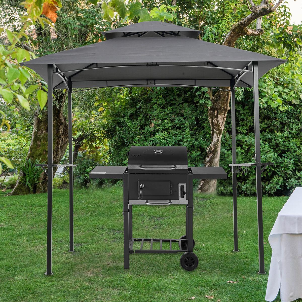 Outdoor Grill Gazebo 8 x 5 Ft, Shelter Tent, Double Tier Soft Top Canopy and Steel Frame with hook and Bar Counters, Grey FredCo