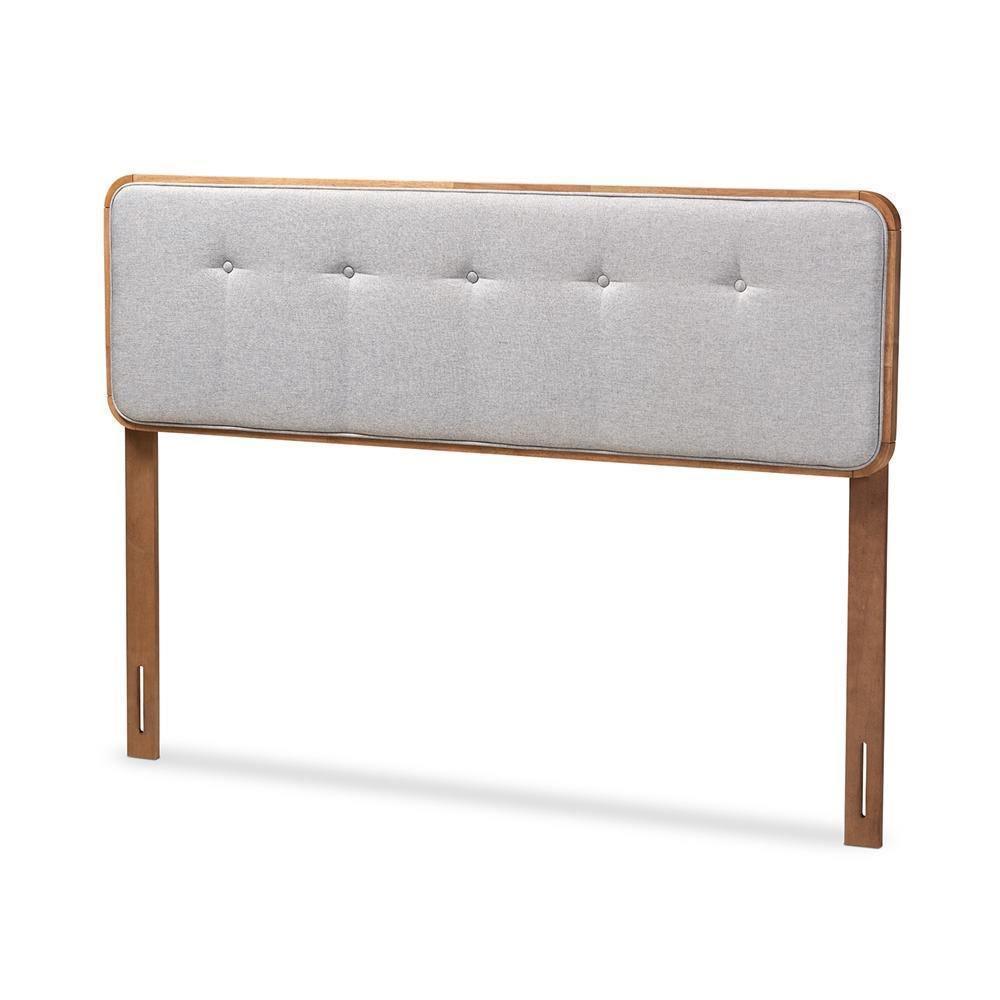 Palina Mid-Century Modern Light Grey Fabric Upholstered Walnut Brown Finished Wood Queen Size Headboard FredCo