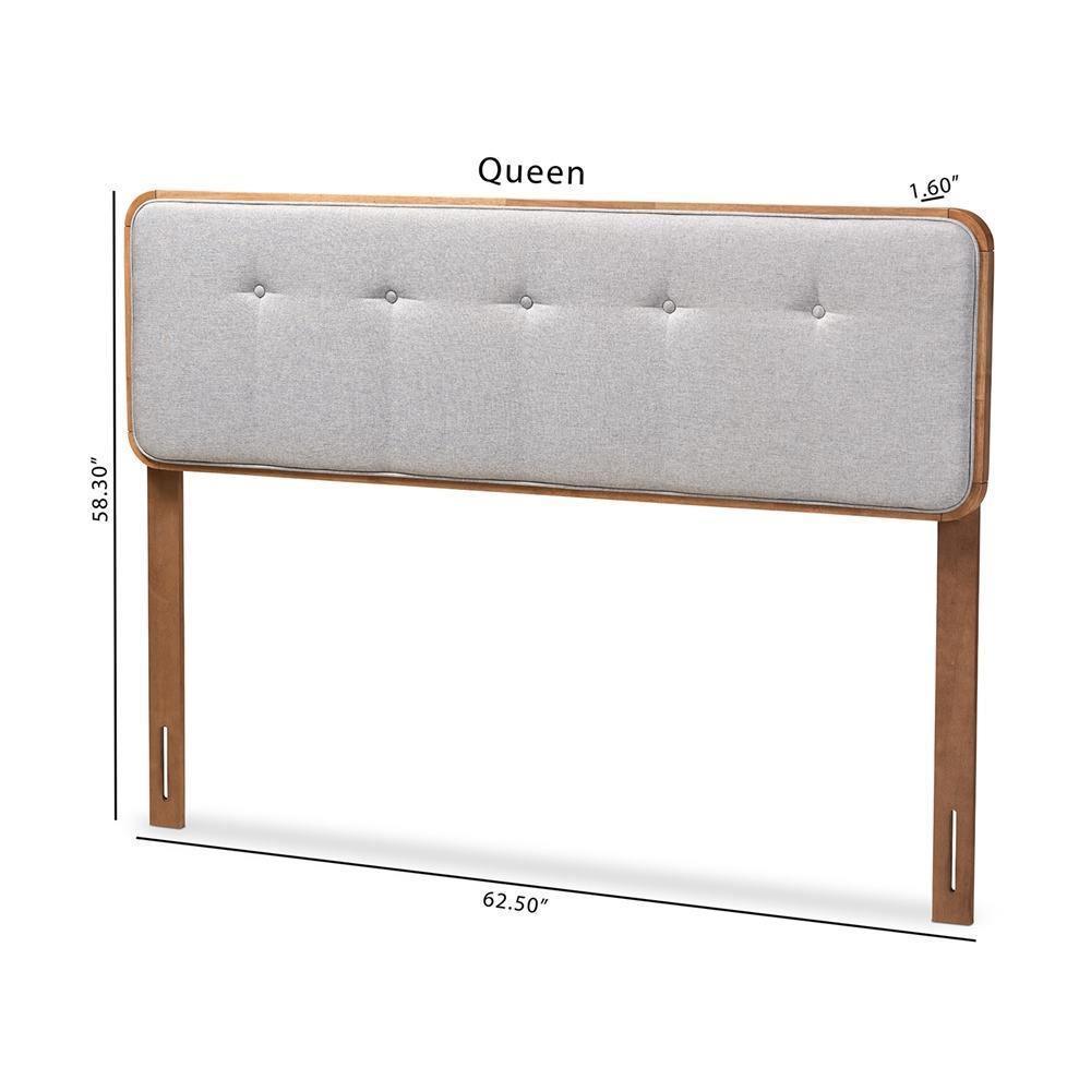 Palina Mid-Century Modern Light Grey Fabric Upholstered Walnut Brown Finished Wood Queen Size Headboard FredCo