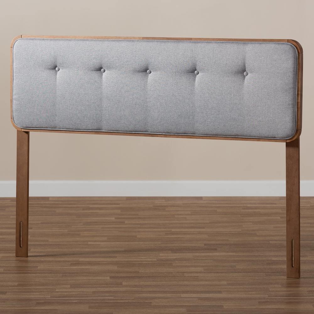 Palina Mid-Century Modern Light Grey Fabric Upholstered Walnut Brown Finished Wood Queen Size Headboard FredCo