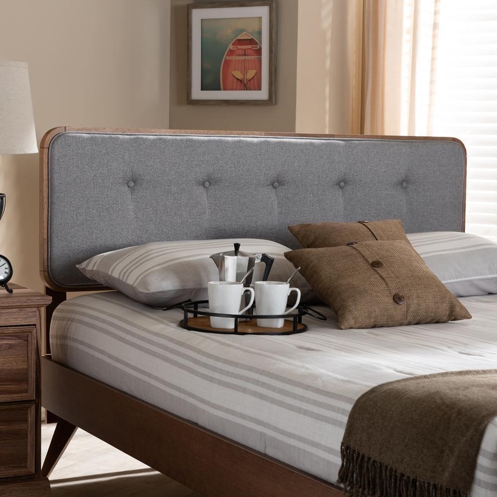 Palina Mid-Century Modern Light Grey Fabric Upholstered Walnut Brown Finished Wood Queen Size Headboard FredCo
