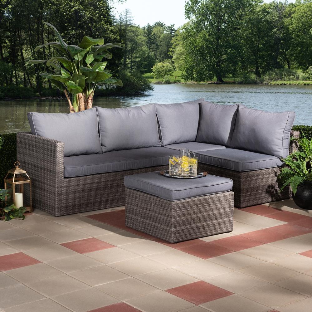Pamela Modern and Contemporary Grey Polyester Upholstered and Brown Finished 4-Piece Woven Rattan Outdoor Patio Set FredCo