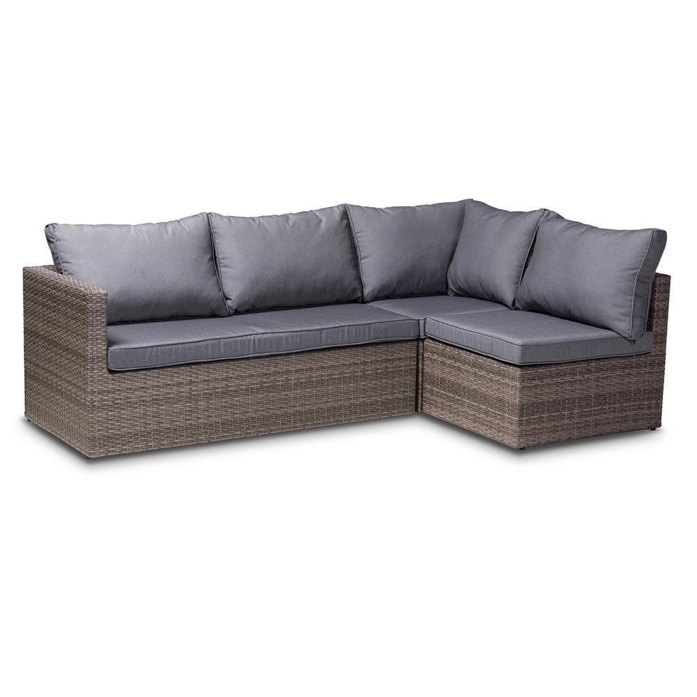 Pamela Modern and Contemporary Grey Polyester Upholstered and Brown Finished 4-Piece Woven Rattan Outdoor Patio Set FredCo