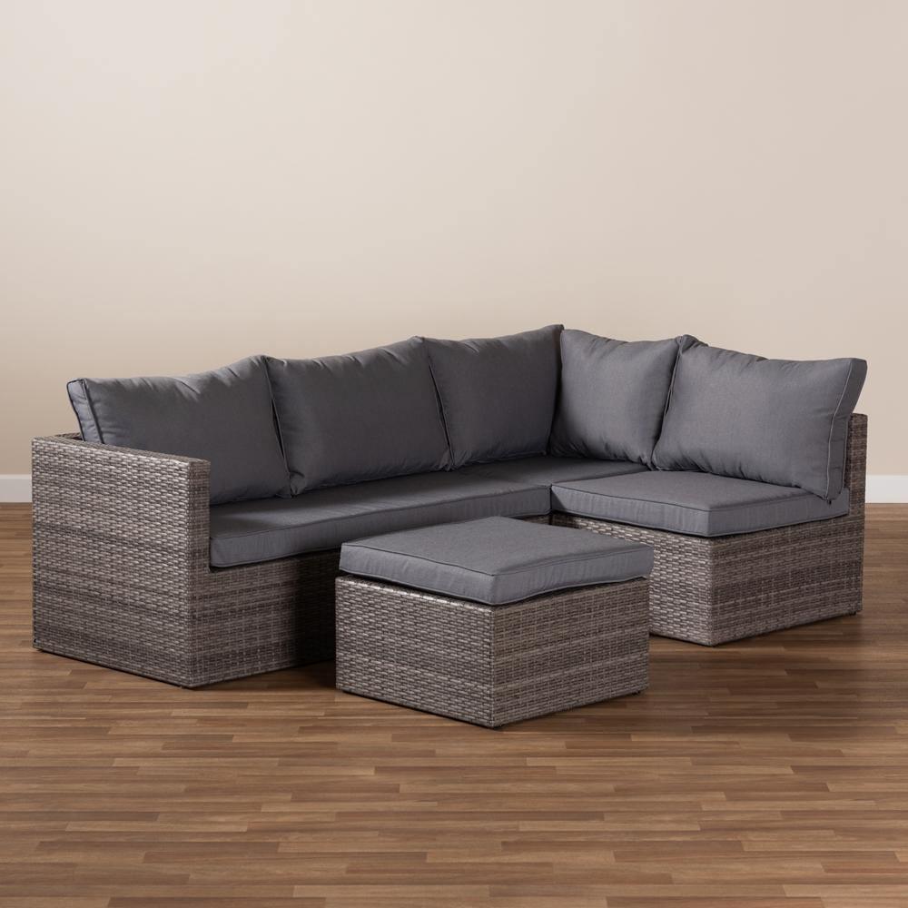 Pamela Modern and Contemporary Grey Polyester Upholstered and Brown Finished 4-Piece Woven Rattan Outdoor Patio Set FredCo