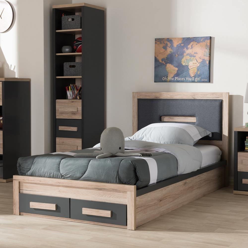 Pandora Modern and Contemporary Dark Grey and Light Brown Two-Tone 2-Drawer Twin Size Storage Platform Bed FredCo