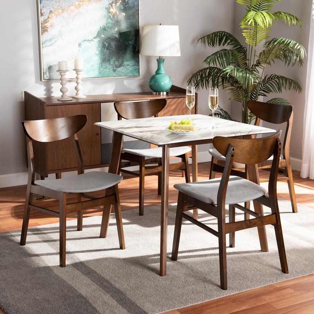 Paras Mid-Century Modern Transitional Light Grey Fabric Upholstered and Walnut Brown Wood 5-Piece Dining Set Marble Dining Table FredCo