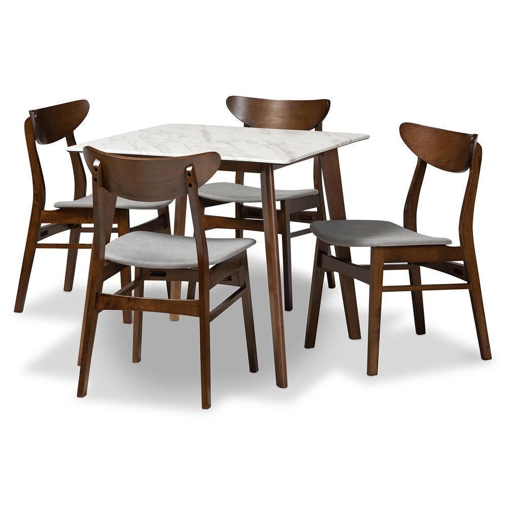 Paras Mid-Century Modern Transitional Light Grey Fabric Upholstered and Walnut Brown Wood 5-Piece Dining Set Marble Dining Table FredCo