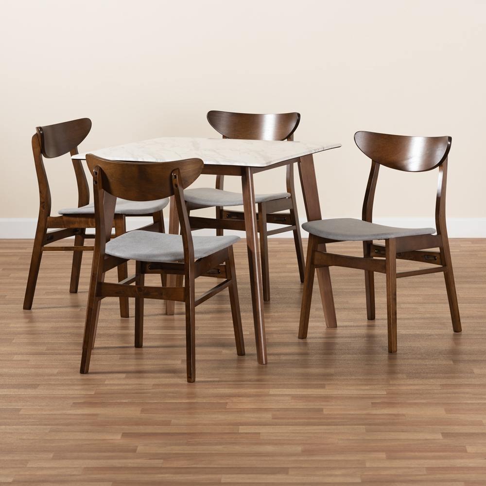 Paras Mid-Century Modern Transitional Light Grey Fabric Upholstered and Walnut Brown Wood 5-Piece Dining Set Marble Dining Table FredCo