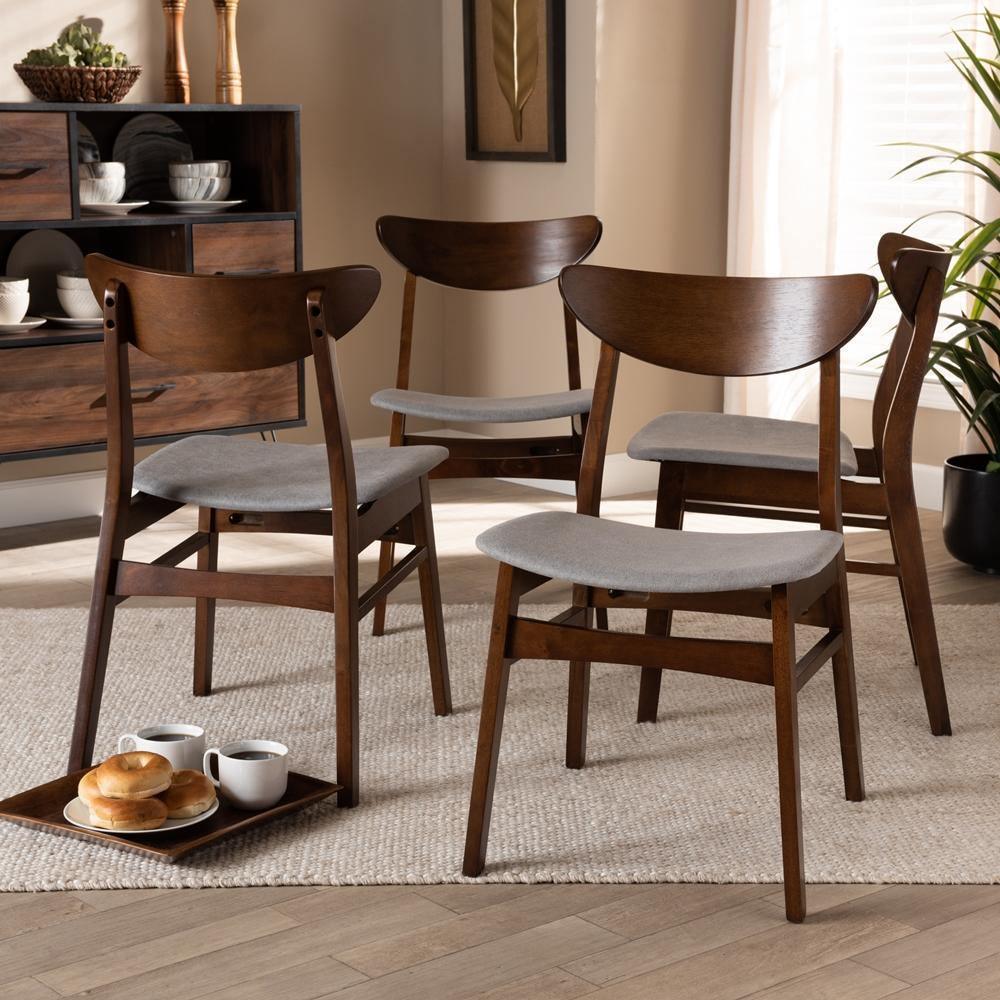Parlin Mid-Century Modern Transitional Light Grey Fabric Upholstered and Walnut Brown Finished Wood 4-Piece Dining Chair Set FredCo