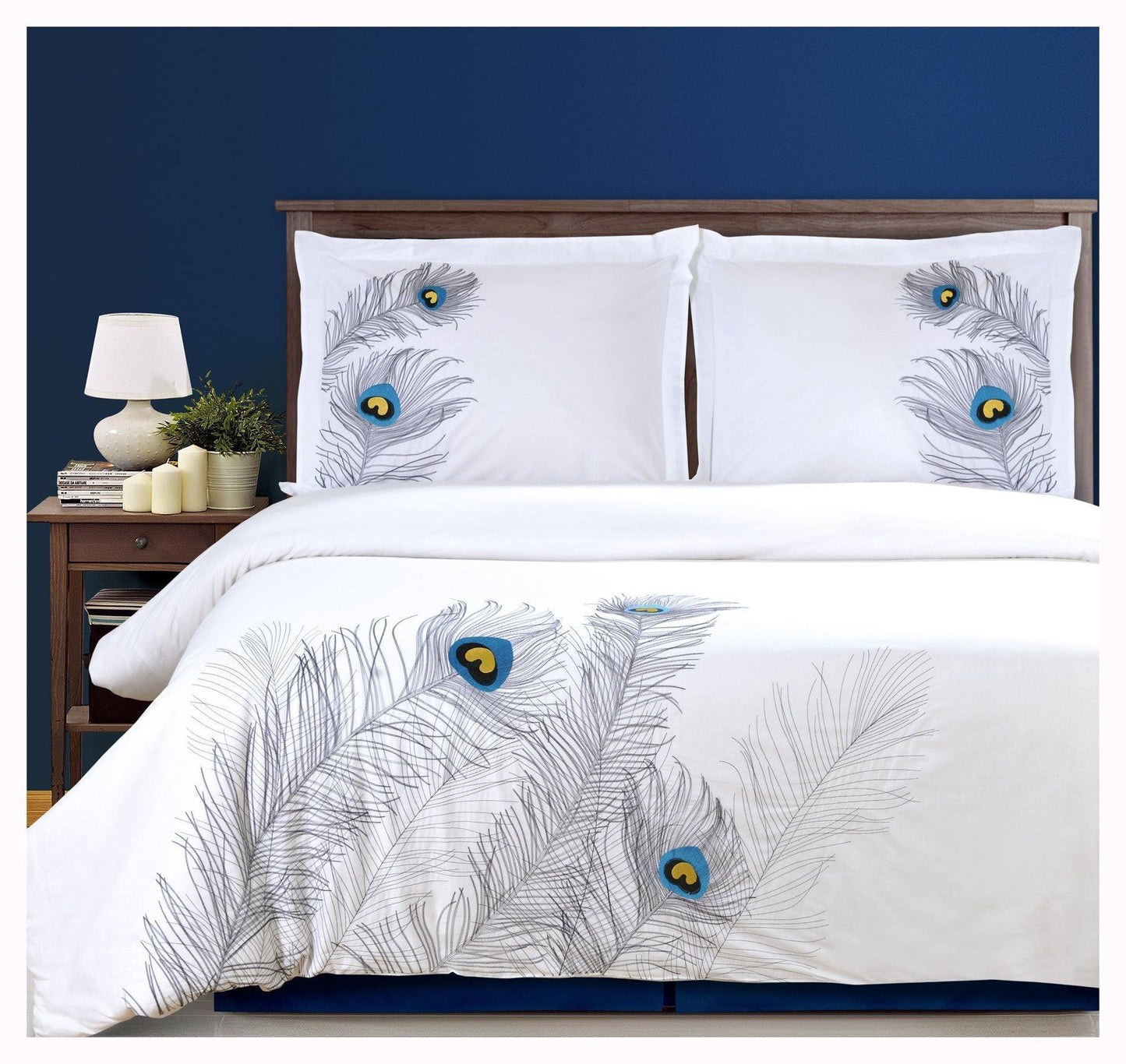 Peacock 100% Cotton Embroidered Duvet Cover and Pillow Sham Set FredCo