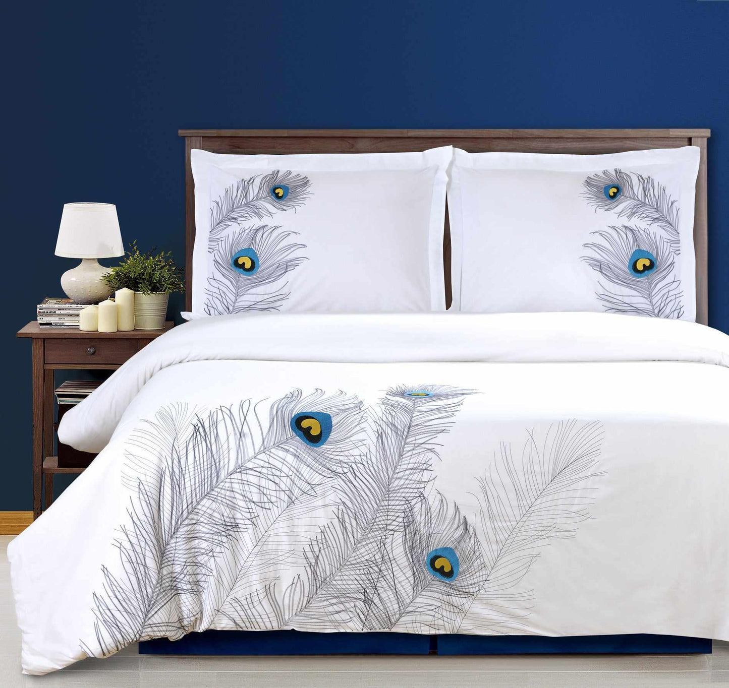 Peacock 100% Cotton Embroidered Duvet Cover and Pillow Sham Set FredCo