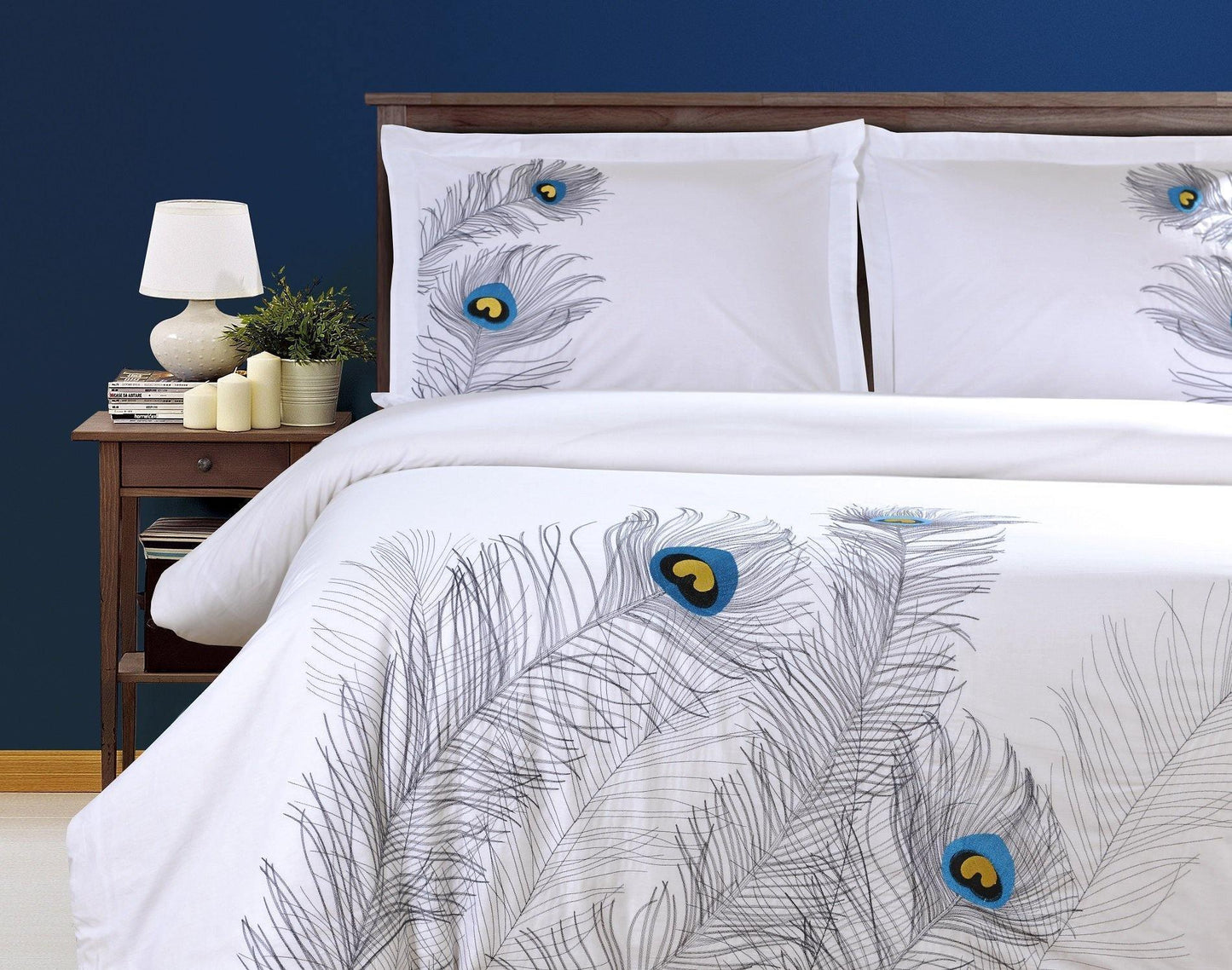 Peacock 100% Cotton Embroidered Duvet Cover and Pillow Sham Set FredCo