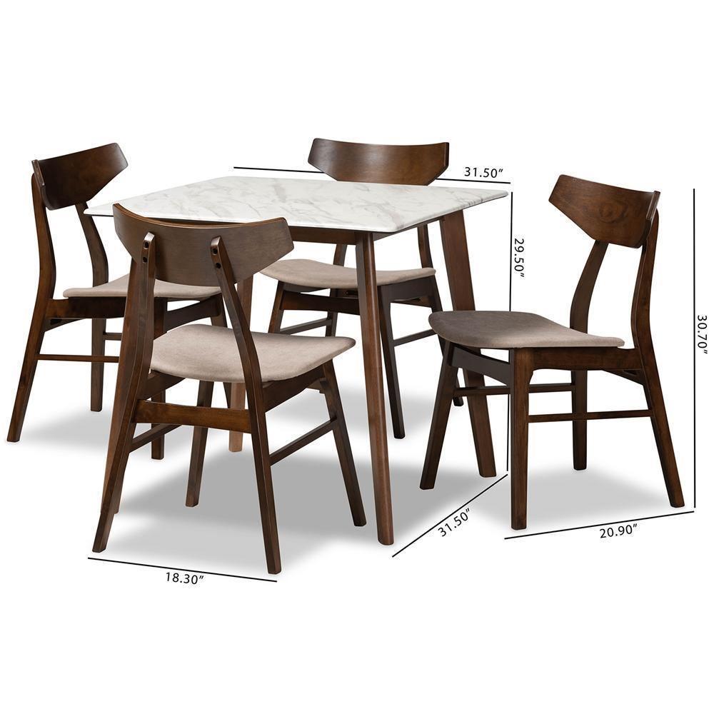 Pearson Mid-Century Transitional Beige Fabric Upholstered and Walnut Brown Finished Wood 5-Piece Dining Set with Faux Marble FredCo