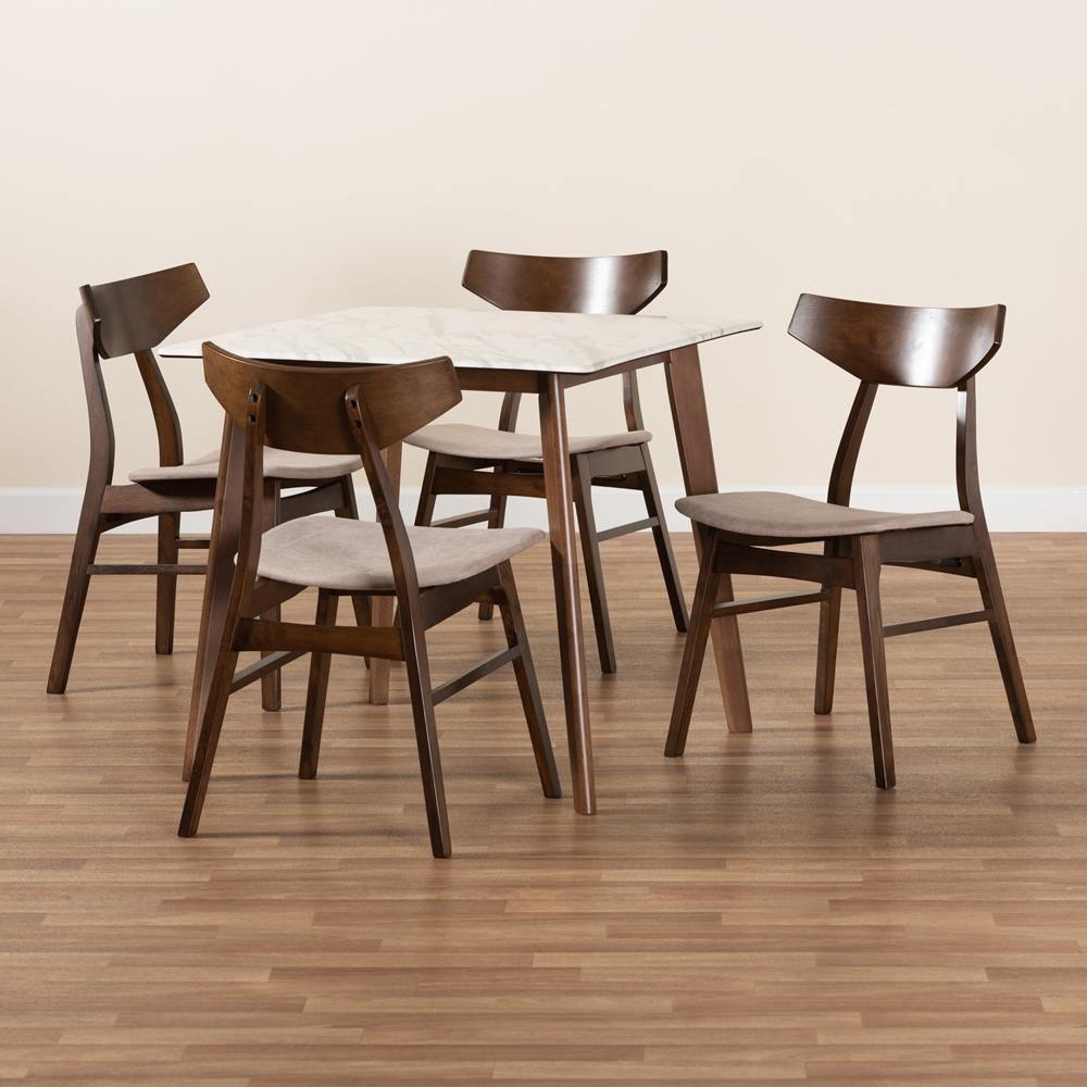 Pearson Mid-Century Transitional Beige Fabric Upholstered and Walnut Brown Finished Wood 5-Piece Dining Set with Faux Marble FredCo
