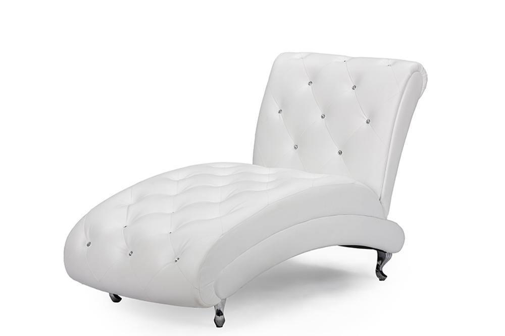 Pease Contemporary White Faux Leather Upholstered Crystal Button Tufted Chaise Lounge One (1) Chaise FredCo