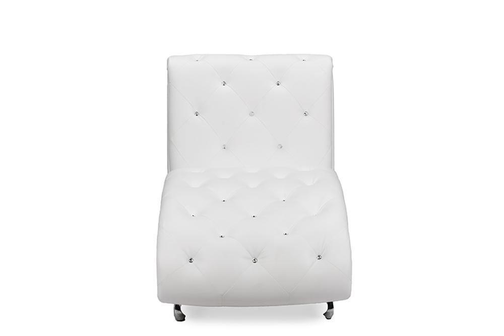 Pease Contemporary White Faux Leather Upholstered Crystal Button Tufted Chaise Lounge One (1) Chaise FredCo