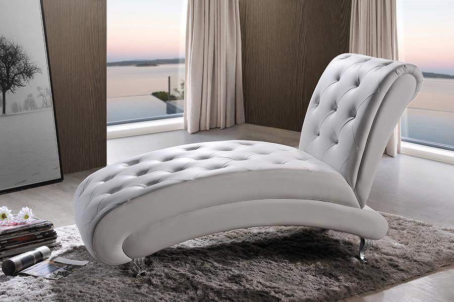 Pease Contemporary White Faux Leather Upholstered Crystal Button Tufted Chaise Lounge One (1) Chaise FredCo
