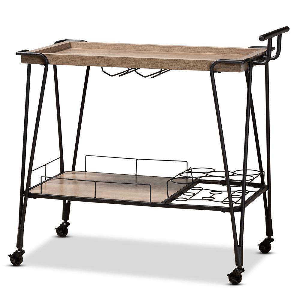 Perilla Modern Rustic and Industrial Oak Brown Finished Wood and Black Finished Metal 2-Tier Wine Serving Cart FredCo
