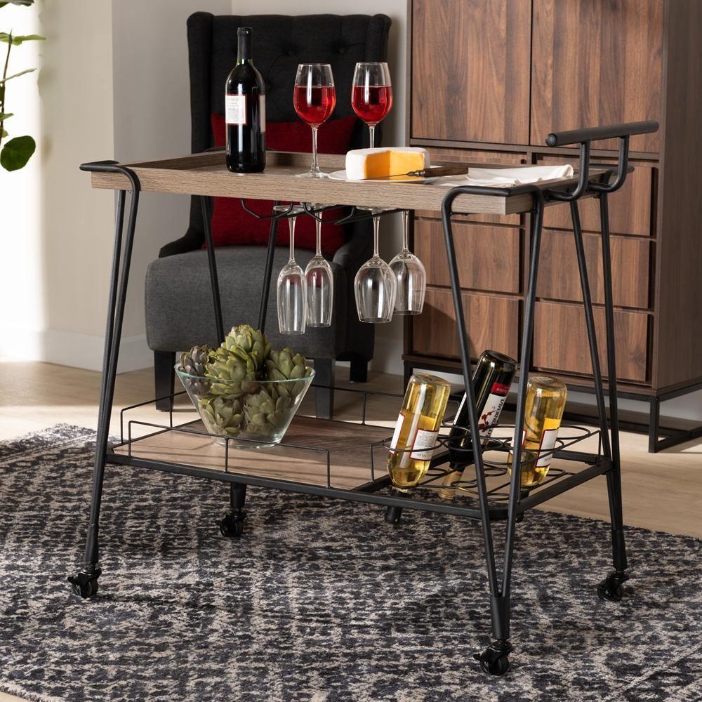 Perilla Modern Rustic and Industrial Oak Brown Finished Wood and Black Finished Metal 2-Tier Wine Serving Cart FredCo