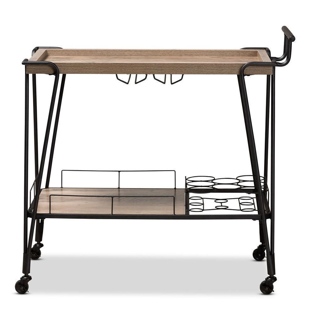 Perilla Modern Rustic and Industrial Oak Brown Finished Wood and Black Finished Metal 2-Tier Wine Serving Cart FredCo