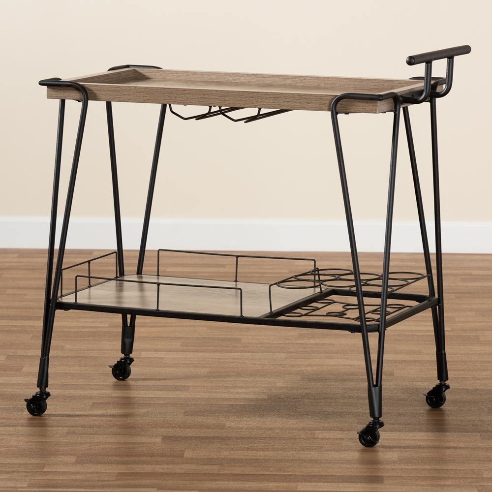 Perilla Modern Rustic and Industrial Oak Brown Finished Wood and Black Finished Metal 2-Tier Wine Serving Cart FredCo