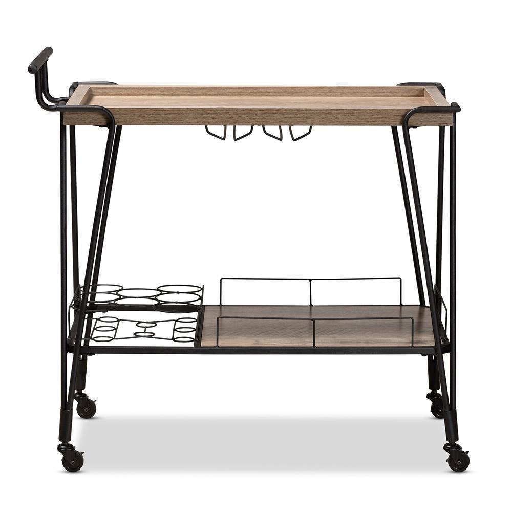 Perilla Modern Rustic and Industrial Oak Brown Finished Wood and Black Finished Metal 2-Tier Wine Serving Cart FredCo