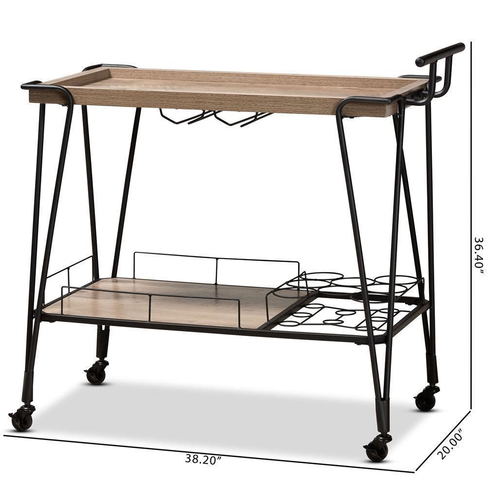 Perilla Modern Rustic and Industrial Oak Brown Finished Wood and Black Finished Metal 2-Tier Wine Serving Cart FredCo