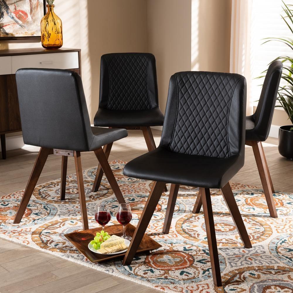 Pernille Modern Transitional Black Faux Leather Upholstered Walnut Finished 4-Piece Wood Dining Chair Set FredCo