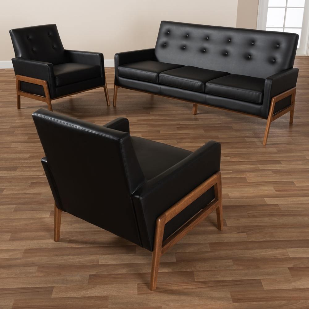 Perris Mid-Century Modern Black Faux Leather Upholstered Walnut Finished Wood 3-Piece Living Room Set FredCo