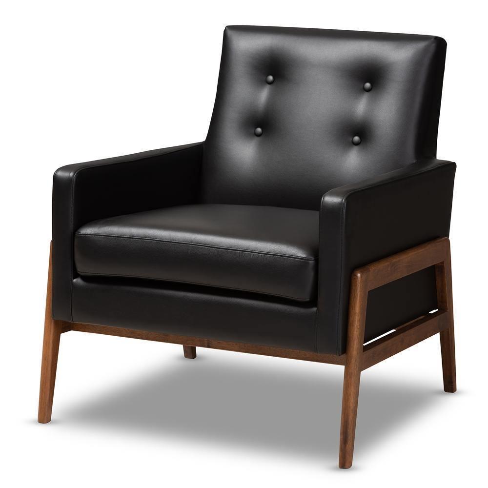 Perris Mid-Century Modern Black Faux Leather Upholstered Walnut Finished Wood 3-Piece Living Room Set FredCo