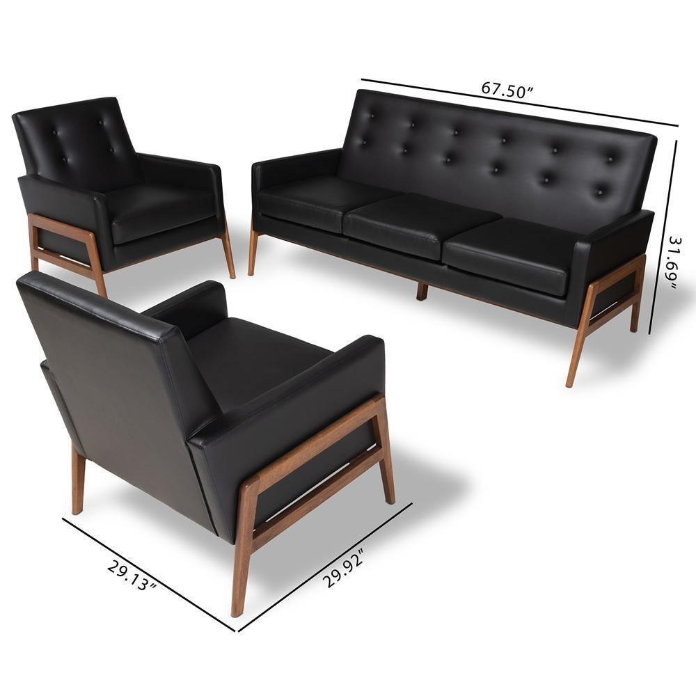 Perris Mid-Century Modern Black Faux Leather Upholstered Walnut Finished Wood 3-Piece Living Room Set FredCo