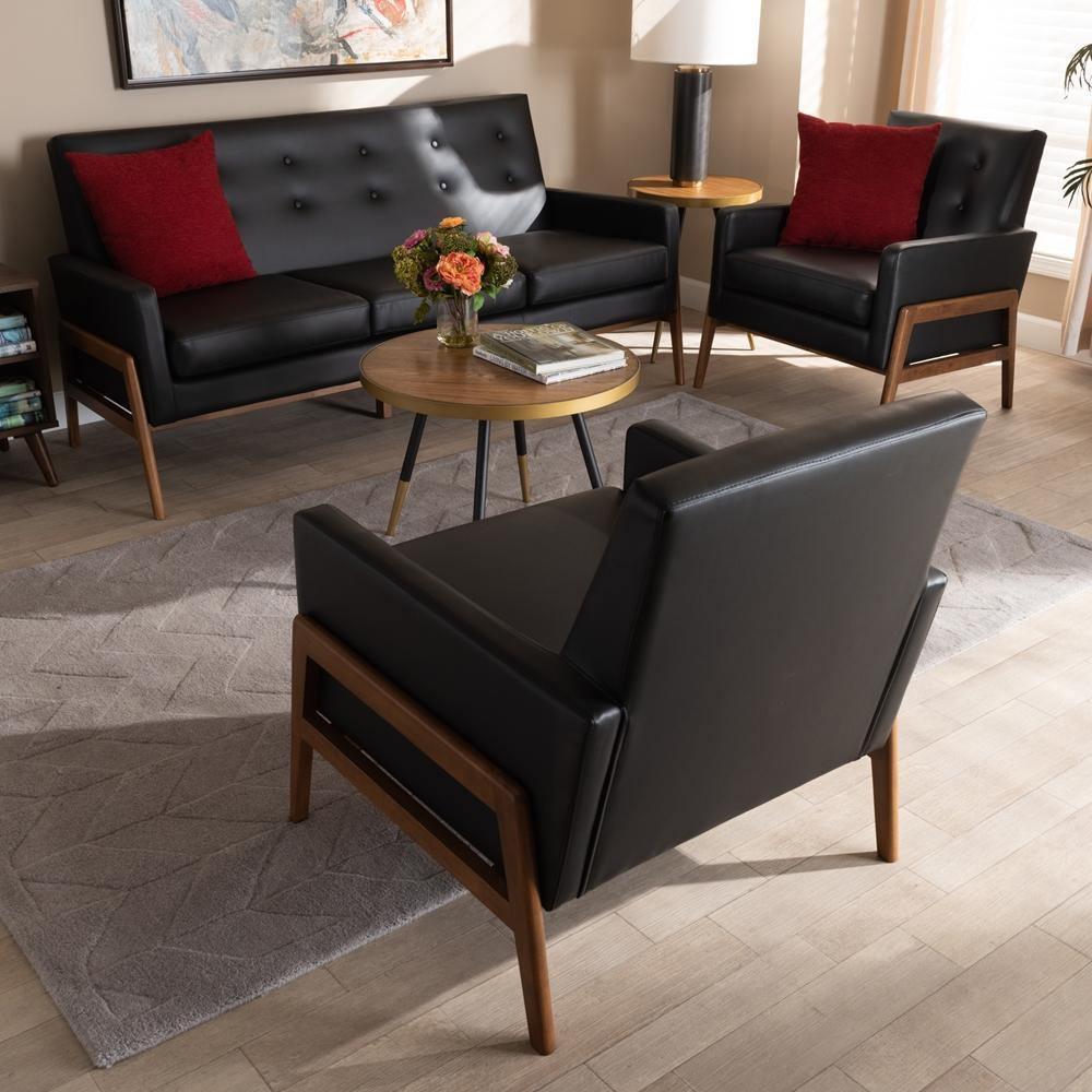 Perris Mid-Century Modern Black Faux Leather Upholstered Walnut Finished Wood 3-Piece Living Room Set FredCo