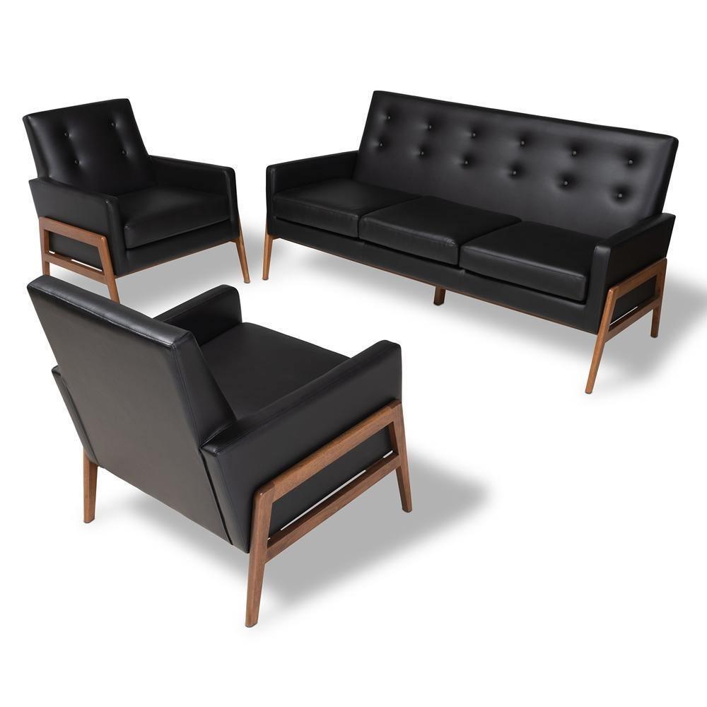 Perris Mid-Century Modern Black Faux Leather Upholstered Walnut Finished Wood 3-Piece Living Room Set FredCo